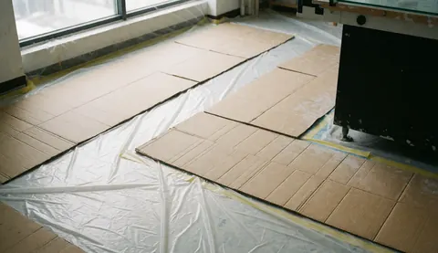 Arrière-plan de chantier propre et professionnel avec carton et plastique protégeant les vitres, éclairage naturel idéal pour ajouter du texte.