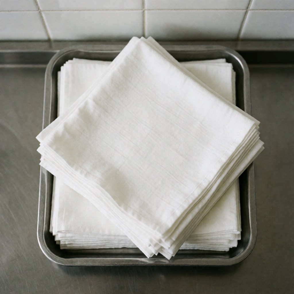 Des compresses stériles et propres empilées sur un plateau en acier inoxydable, posé sur une surface métallique polie, avec des murs de carreaux blancs en arrière-plan.