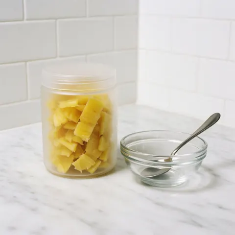 Carafe transparente remplie de tranches d'ananas posée à côté d'un bol en verre avec une cuillère sur un plan de travail en marol blanc poli.