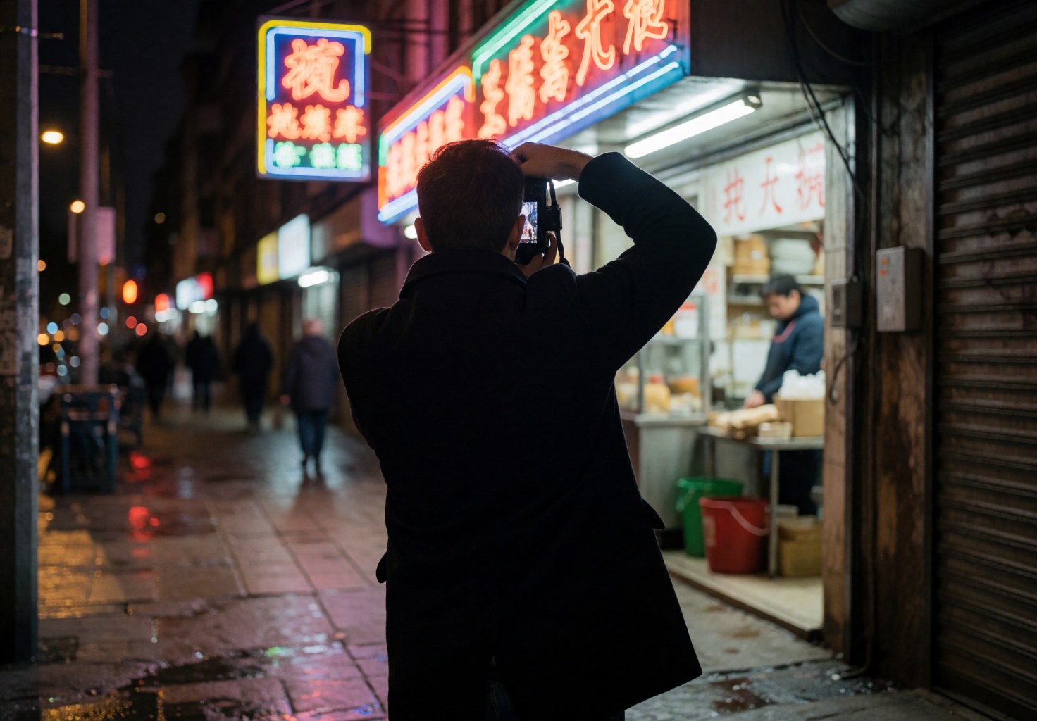 Un photographe d'événements capture la scène nocturne avec des lumières néon sur une rue mouillée, des reflets brillants sur le sol et une silhouette contre un fond urbain.