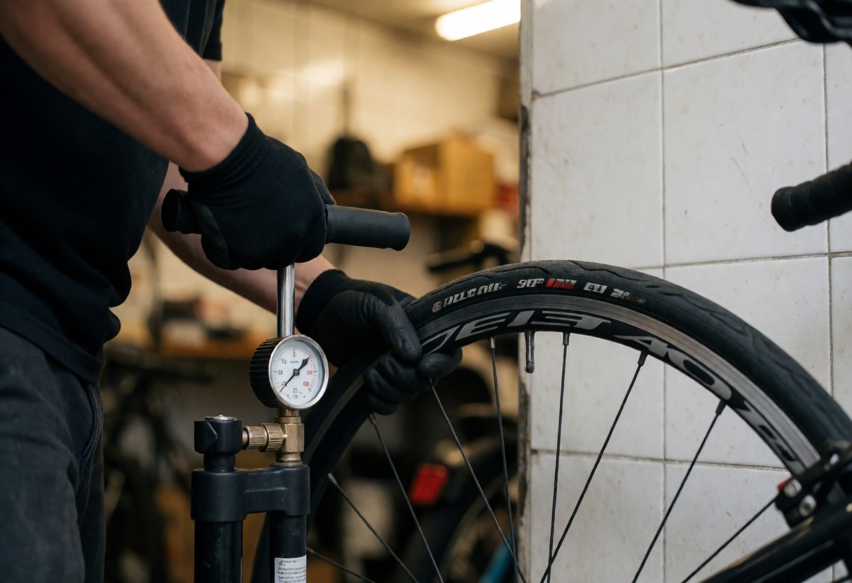 Un mécanicien portant des gants noirs utilise une pompe à pression pour gonfler le pneu d'un vélo dans un atelier aux murs carrelés blancs.