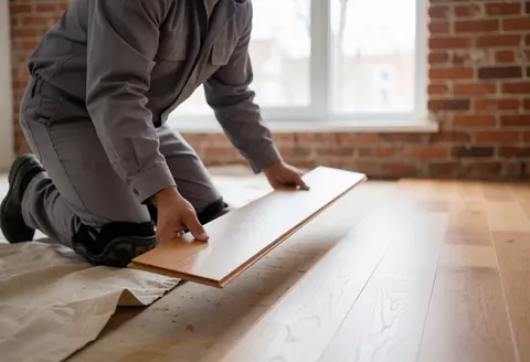 Un installateur professionnel place la première lame de sol en bois sur un sous-plancher, dans un intérieur éclairé par la lumière naturelle avec un mur en briques rouges visible.