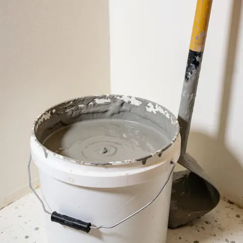Seau blanc contenant du mélange gris pour sol, avec une truelle posée contre le mur dans un coin de chantier.