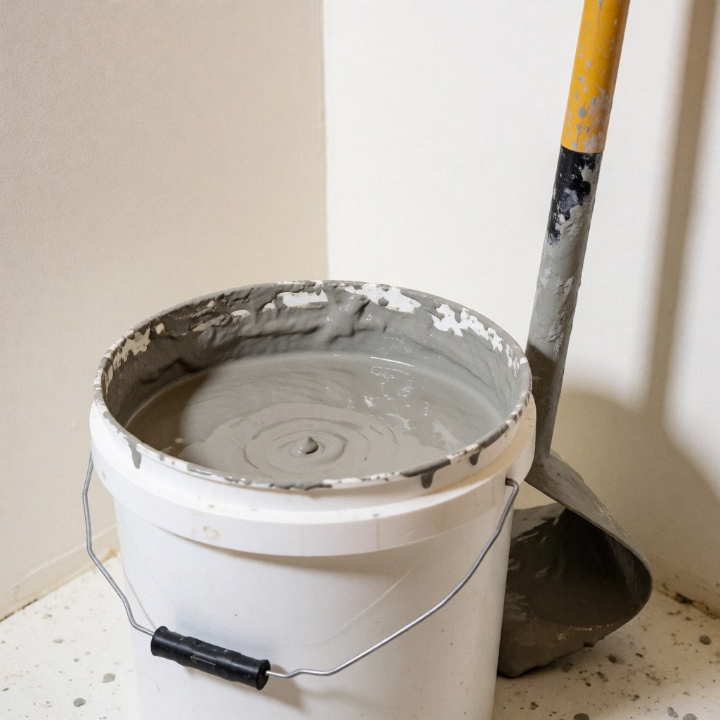 Seau blanc contenant du mélange gris pour sol, avec une truelle posée contre le mur dans un coin de chantier.