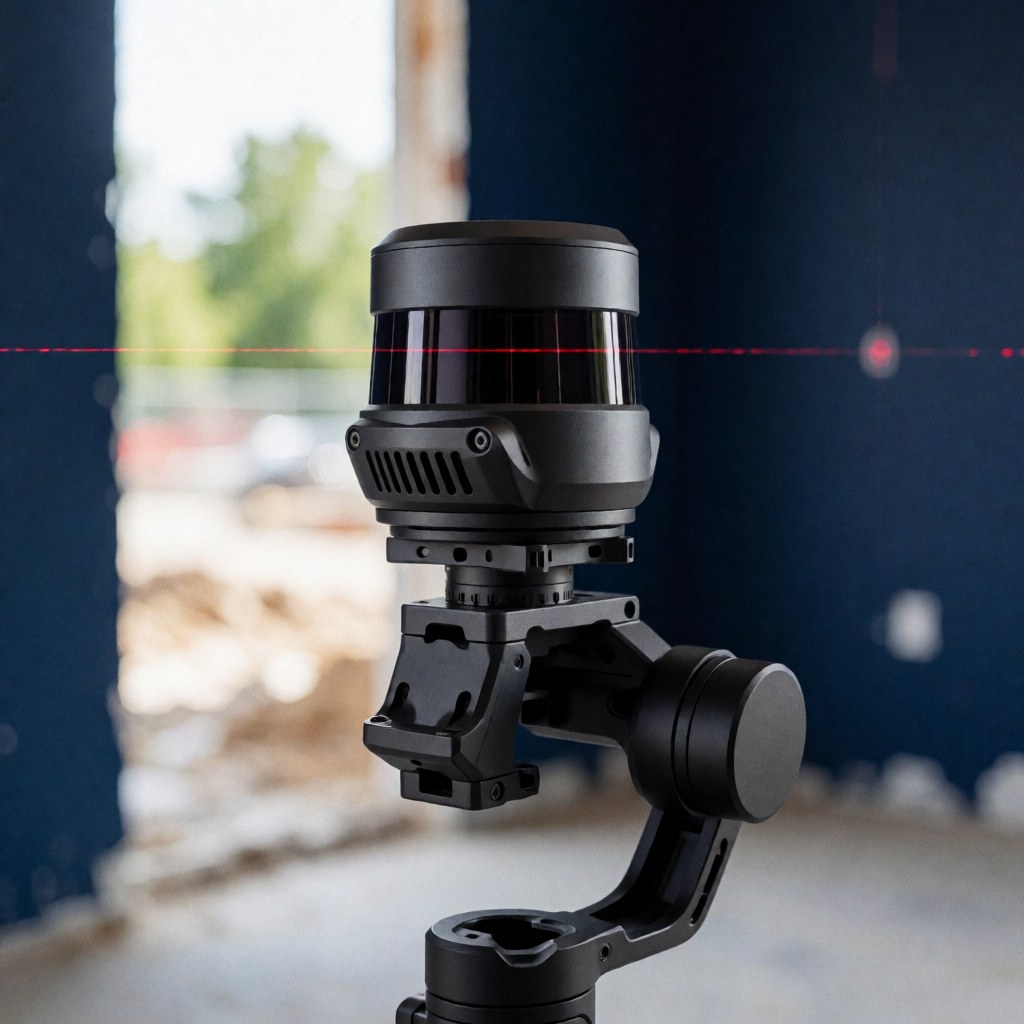 Un capteur LiDAR noir fixé sur un cardan émet des faisceaux lumineux rouges au milieu d'un chantier de construction avec des murs bleus et un arrière-plan flou.