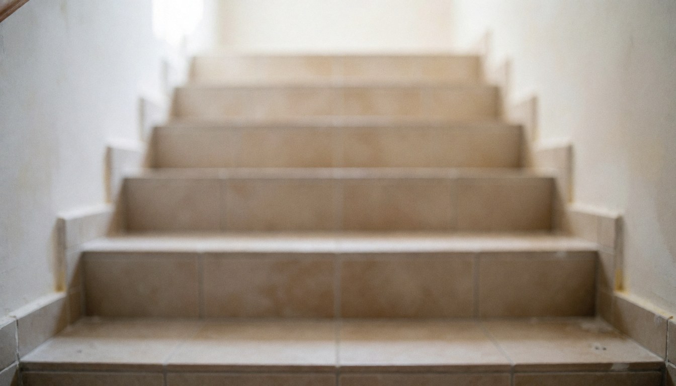 Vue d'escaliers intérieurs avec un sol en carreaux de couleur beige clair, des murs blancs et un effet de flou sur les éléments environnants, créant un fond neutre adapté aux textes commerciaux.