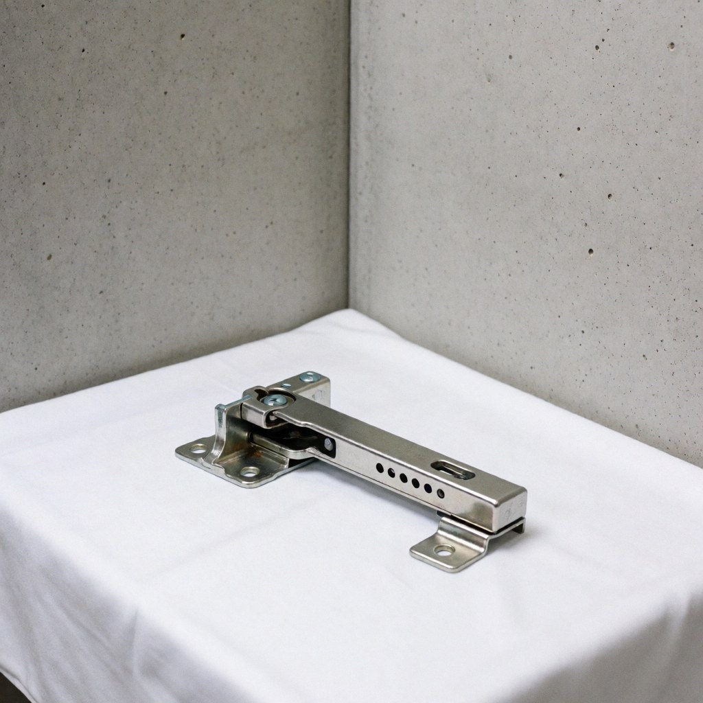 Nouveau mécanisme de charnière métallique et poli du réfrigérateur posé sur un tissu blanc avec des murs en béton lisse et un éclairage professionnel doux.