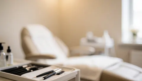 Fond flou d'un studio professionnel de cils avec chaise, plateau d'outils et lumière chaude, idéal pour textes.