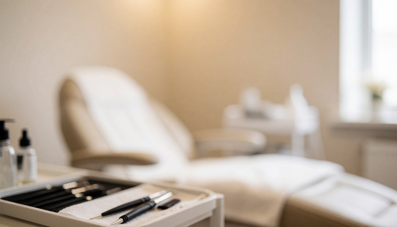 Fond flou d'un studio professionnel de cils avec chaise, plateau d'outils et lumière chaude, idéal pour textes.