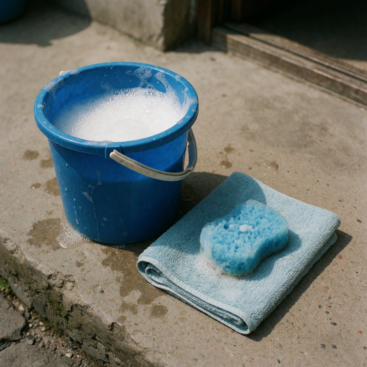 Seau bleu contenant de la mousse blanche, une serviette et une éponge bleue posés sur une surface en béton, prêts à laver les voitures.