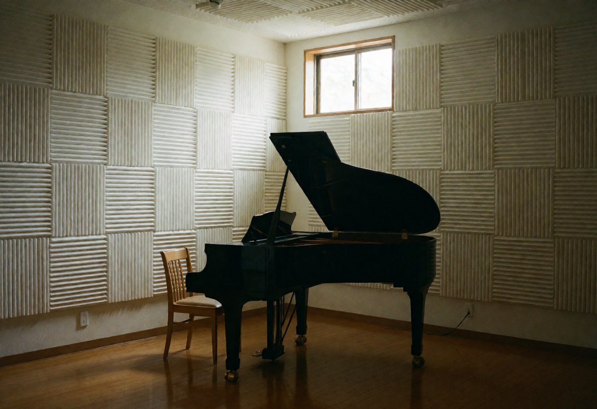 Salle de musique vide équipée d'un piano à queue noir, d'une chaise en bois et de panneaux acoustiques aux murs, baignée de lumière naturelle provenant d'une fenêtre haute.