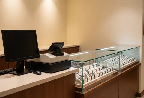 Caisse enregistreuse équipée d'un écran et vitrine exposant des montres dans un magasin de joaillerie, murs beige, éclairage chaleureux, ambiance professionnelle et épurée.