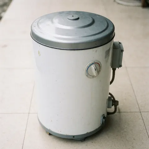 Chauffe-eau électrique blanc avec couvercle métallique, cadran de température et boîte électrique posé sur un sol en carreaux avec des taches visibles.