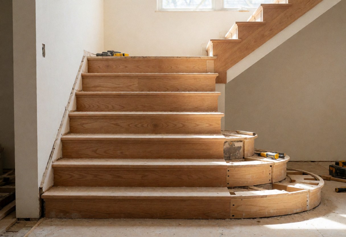 Montage d'un escalier en bois sur chantier, sous-structure apparente et outils posés à proximité, éclairé par la lumière naturelle.