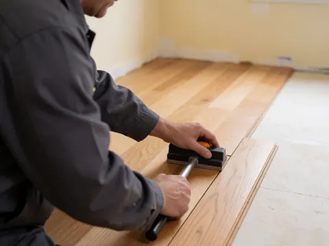 Un professionnel installe un parquet en bois dur à l'aide d'un bloc et d'une barre de frappe dans une pièce aux murs beige.