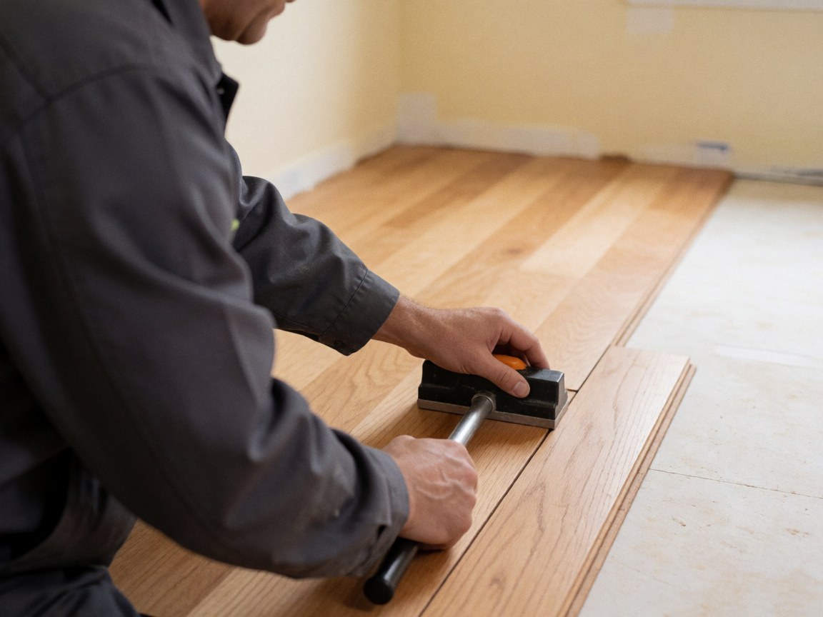 Un professionnel installe un parquet en bois dur à l'aide d'un bloc et d'une barre de frappe dans une pièce aux murs beige.