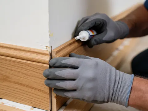 Gros plan d'une main portant un gant de protection qui applique soigneusement un produit de scellage sur une plinthe en bois, près d'un mur peint.