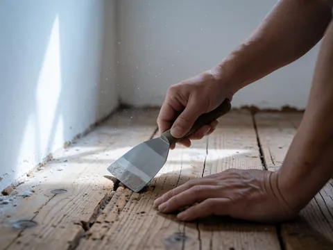 Une main adulte utilise un couteau métallique pour réparer un trou dans un plancher en bois vieilli, avec de la poussière flottant dans la lumière naturelle venant d'une fenêtre.