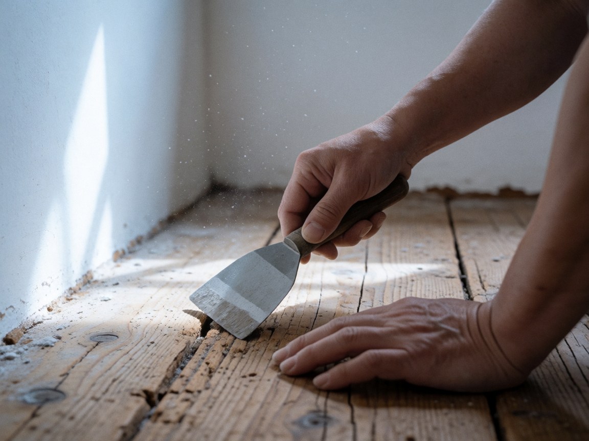 Une main adulte utilise un couteau métallique pour réparer un trou dans un plancher en bois vieilli, avec de la poussière flottant dans la lumière naturelle venant d'une fenêtre.