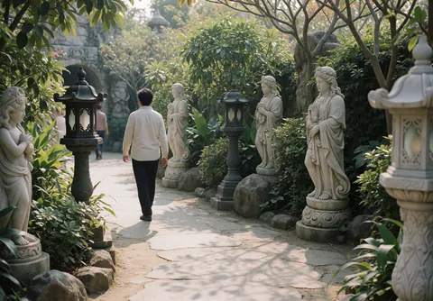Un visiteur se promène sur un sentier en pierre au sein d'un jardin thématique orné de statues, de lampadaires et d'une végétation luxuriante éclairée par la lumière naturelle.