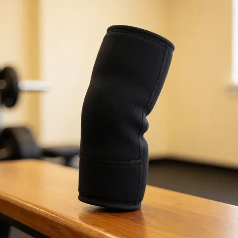 Genouillère en néoprène noir posée sur un banc en bois dans une salle de sport avec un arrière-plan flou et du matériel d'entraînement.