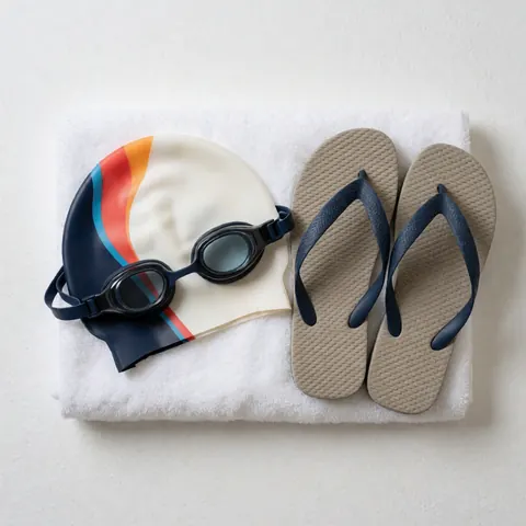 Lunettes de natation et bonnet rayé coloré posés sur une serviette blanche, accompagnés de tongs, prêts pour l'entraînement ou la compétition.