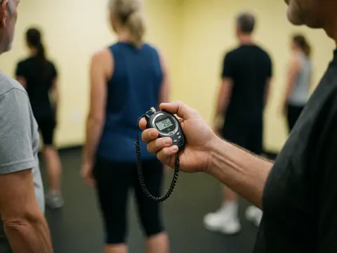 Gros plan d'une main tenant un chronomètre digital lors d'un cours de fitness, avec un fond flou montrant des personnes en activité.