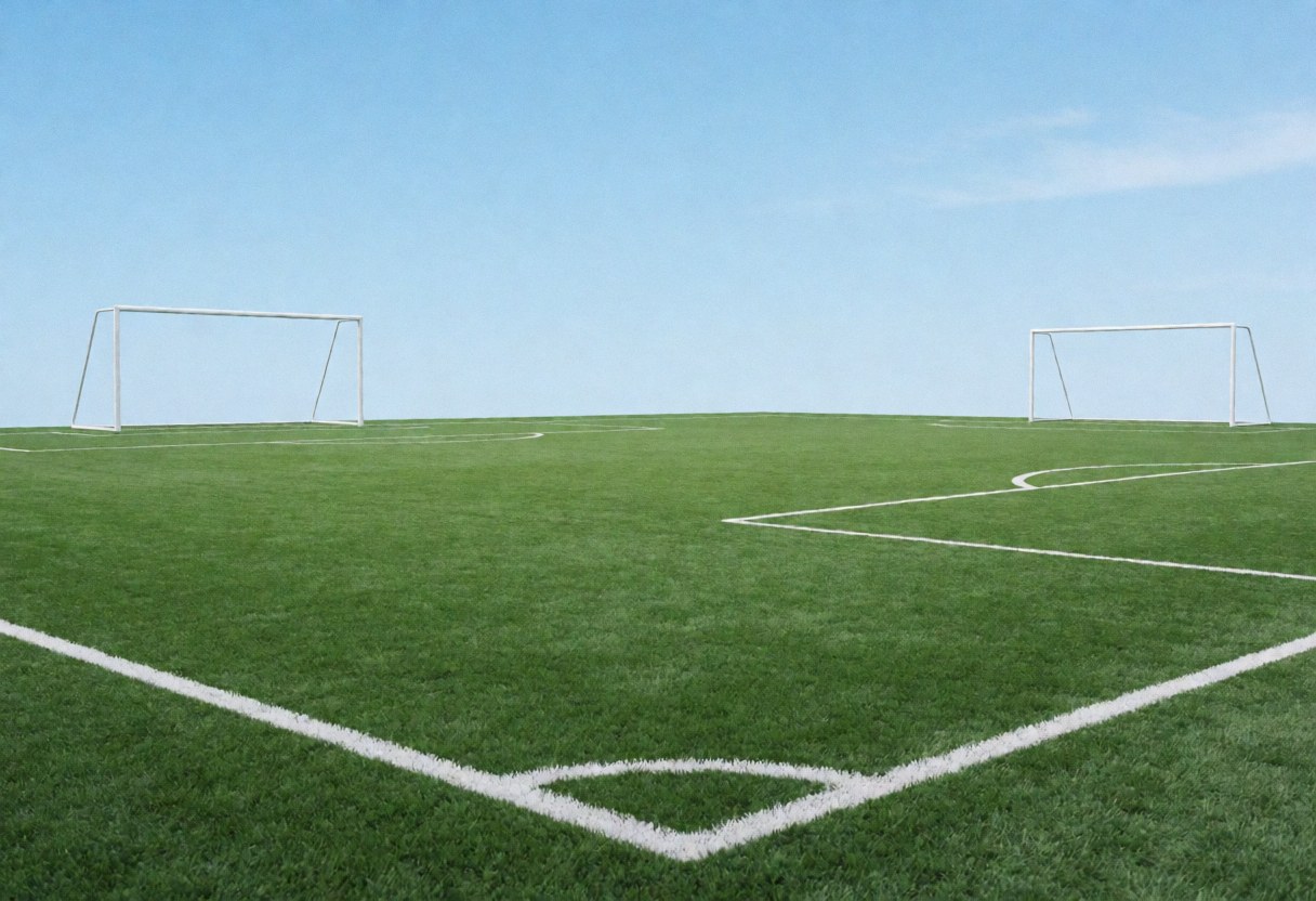 Vue d'un terrain de sport extérieur avec pelouse synthétique verte, lignes blanches délimitant la zone de jeu et deux buts blancs aux extrémités.