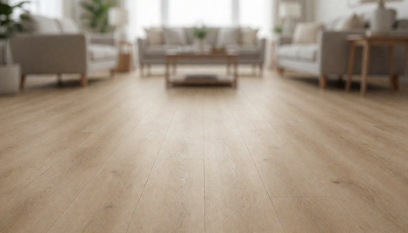 Sol en vinile beige dans un salon spacieux avec des meubles flous, idéal pour ajouter du texte commercial sur un fond neutre et élégant.