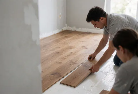 Deux travailleurs posent des lames de parquet sur une surface blanche dans une pièce aux murs gris, éclairée par la lumière naturelle.