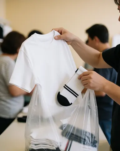 Une main place un t-shirt blanc et des chaussettes de sport dans un sac en plastique transparent au sein d'un magasin de vêtements de sport.