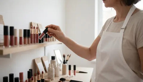 Une maquilleuse en tablier blanc sélectionne un produit cosmétique écologique sur une étagère dans un studio lumineux.