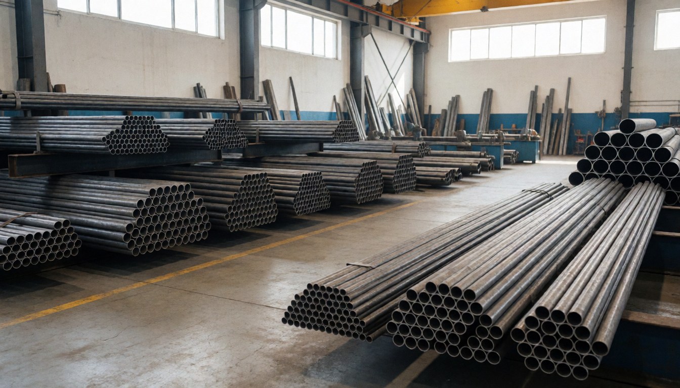 De grandes quantités de tuyaux métalliques en acier sont empilées dans un atelier de fabrication, éclairé par des fenêtres hautes avec un sol en béton et une ambiance industrielle robuste.