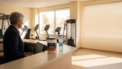 Une femme est assise derrière le comptoir de la réception d'un club de fitness, utilisant un ordinateur portable. Une bouteille d'eau et un shaker sont posés sur le bureau, avec les équipements de la salle en