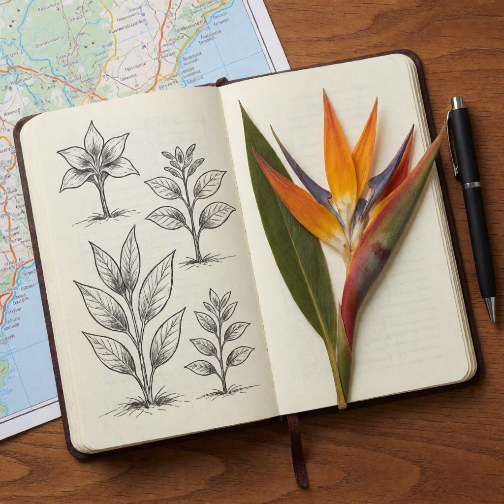 Un cahier ouvert montrant des illustrations botaniques, une fleur tropicale séchée posée dessus et une carte partiellement visible sur une table en bois.