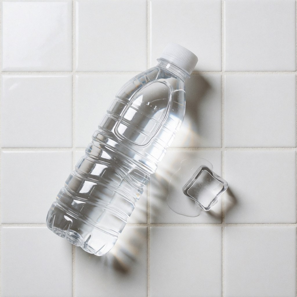 Bouteille d'eau transparente avec bouchon blanc et un glaçon posés sur des carreaux blancs, éclairage lumineux et propre, scène minimaliste pour hôtel ou auberge.