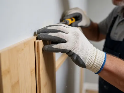 Gros plan d'une main portant un gant de travail en train de fixer une plaque de bambou sur un mur, mettant en évidence la texture naturelle du matériau et les détails de l'outil utilisé pour cette installation