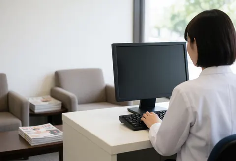 Une réceptionniste portant un uniforme blanc est assise à son bureau, concentrée sur l'utilisation de son ordinateur dans un espace lumineux et propre.