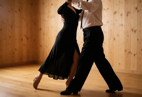 Un homme et une femme vêtus de costumes formels exécutent des pas de tango avec élégance sur un sol en bois.