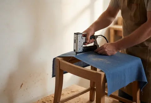 Un menuisier professionnel utilise un cloueur pour fixer du tissu bleu sur une chaise en bois dans un atelier lumineux aux murs clairs.