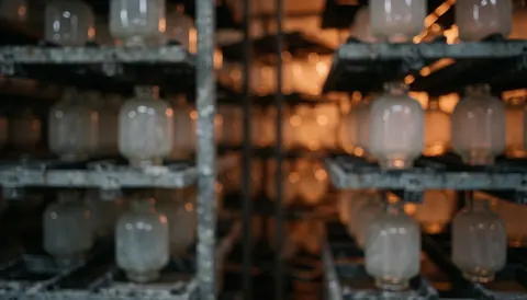 Intérieur d'un atelier de verrerie avec des étagères métalliques supportant des objets en verre translucides en phase de refroidissement, baignés d'une lumière chaude et d'un arrière-plan flou.