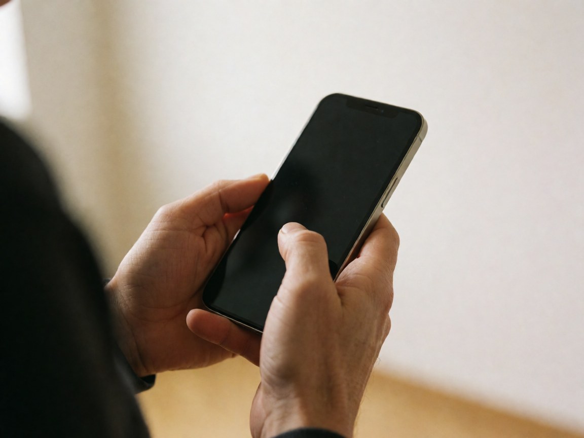 Gros plan d'une main adulte saisissant un smartphone avec l'écran noir, sur un fond intérieur chaud et flou, suggérant l'utilisation d'applications mobiles.