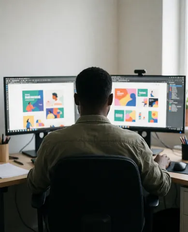 Un graphiste assis à son bureau devant deux moniteurs affichant des créations colorées, dans un environnement de travail professionnel et bien éclairé.
