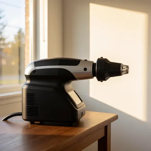 Dispositif professionnel de dépilation laser posé sur une table en bois, éclairé par la lumière naturelle d'une fenêtre, au design industriel avec finitions noires et argentées.