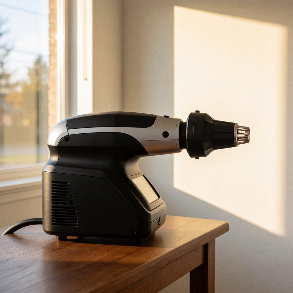 Dispositif professionnel de dépilation laser posé sur une table en bois, éclairé par la lumière naturelle d'une fenêtre, au design industriel avec finitions noires et argentées.