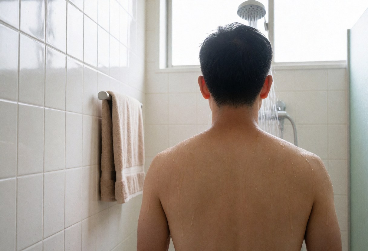 Homme adulte sans chemise sous la douche dans une salle de bain avec des murs carrelés blancs, une serviette beige suspendue à gauche et de la lumière naturelle entrant par la fenêtre.