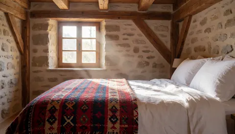 Lit fait avec une nappe colorée dans une chambre aux murs de pierre et poutres en bois, évoquant un hébergement rural authentique.