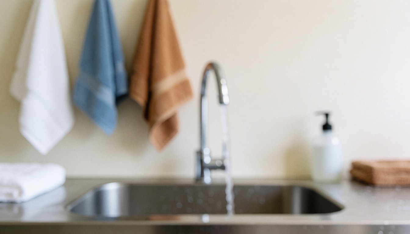 Fond de lavabo avec serviettes suspendues, idéal pour textes, ambiance professionnelle et propre.