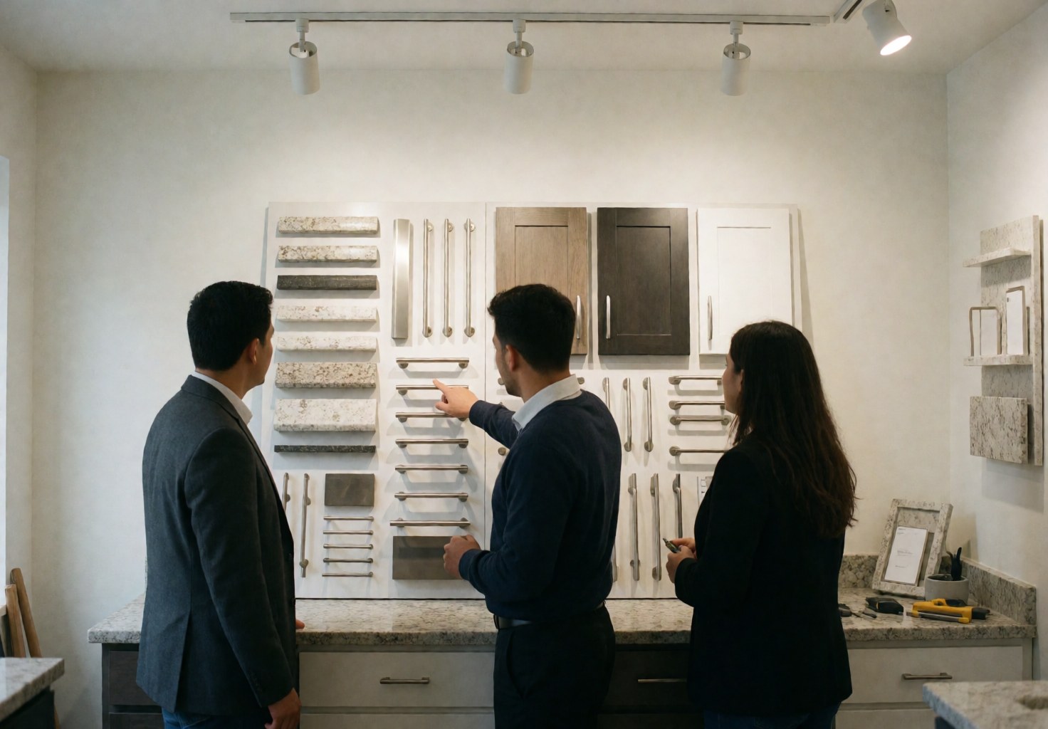 Trois professionnels inspectent des échantillons de portes, plans de travail et quincaillerie dans un showroom de cuisine bien éclairé.