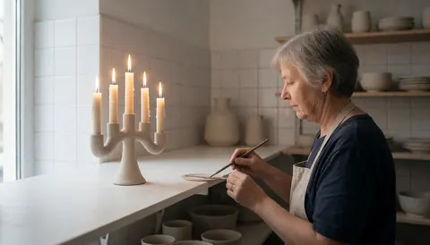 Une artisane âgée peint un objet en céramique dans un atelier, avec un candelabre et des bougies allumées sur une table blanche, des murs carrelés et des étagères en arrière-plan.